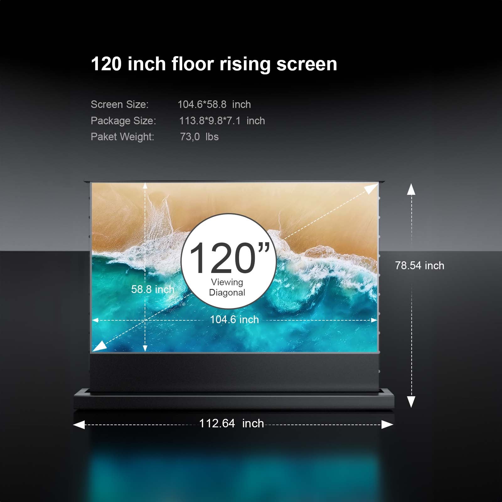 120-inch Cinematic+ ALR floor rising projector screen showcasing screen size and package dimensions.
