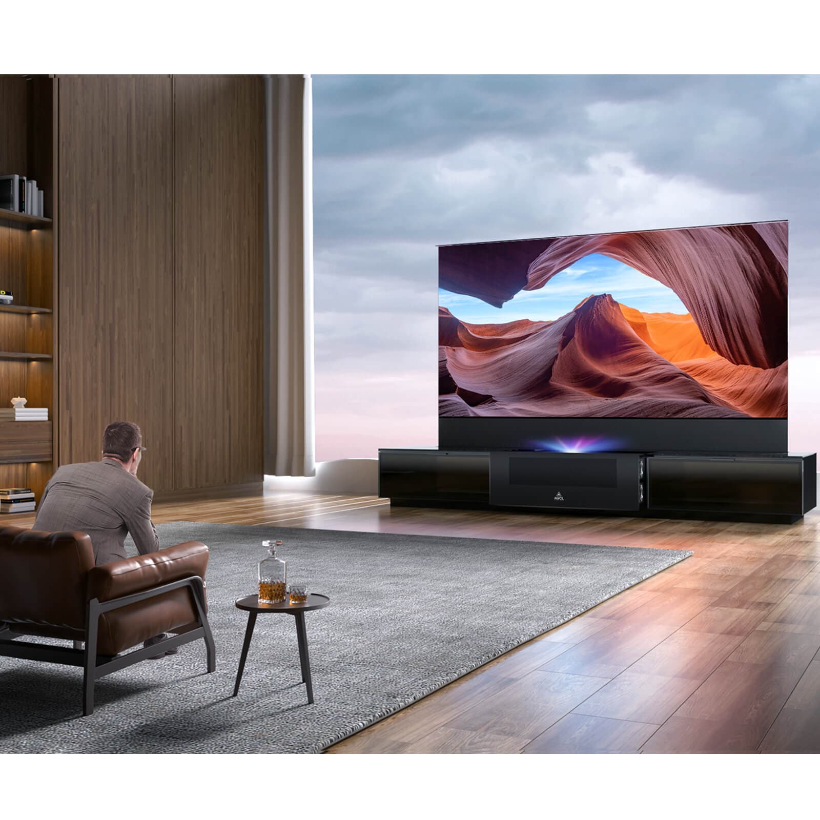 Modern living room featuring Vanish Laser TV with LTV-3500 UST projector and a motorized rollable screen.