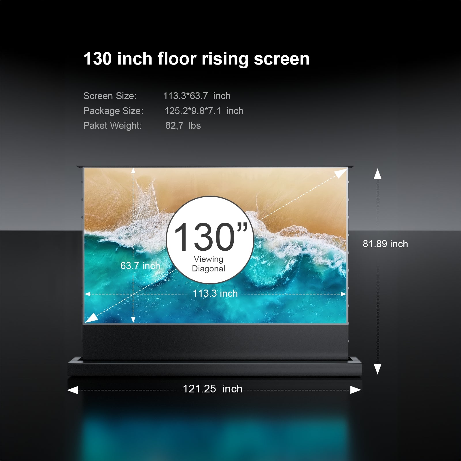 130-inch floor rising projector screen dimensions with width, height, and package details.