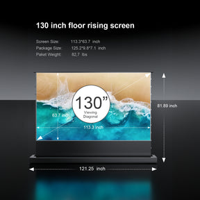130-inch floor rising projector screen dimensions with width, height, and package details.
