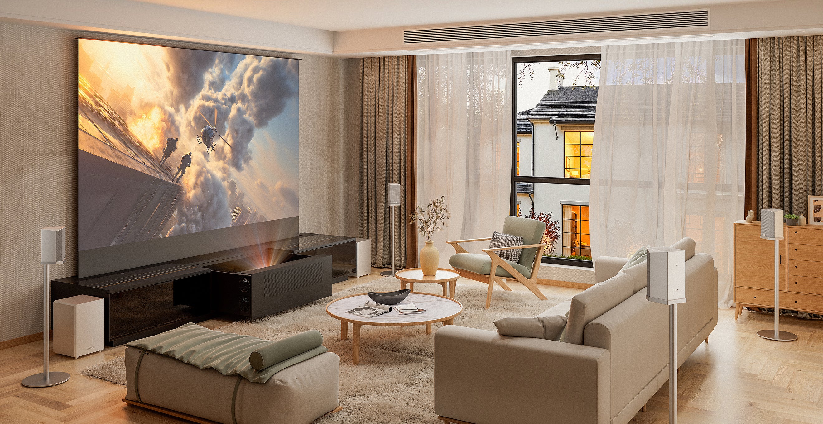 AWOL living room home cinema setup showing explosive action movie scene.
