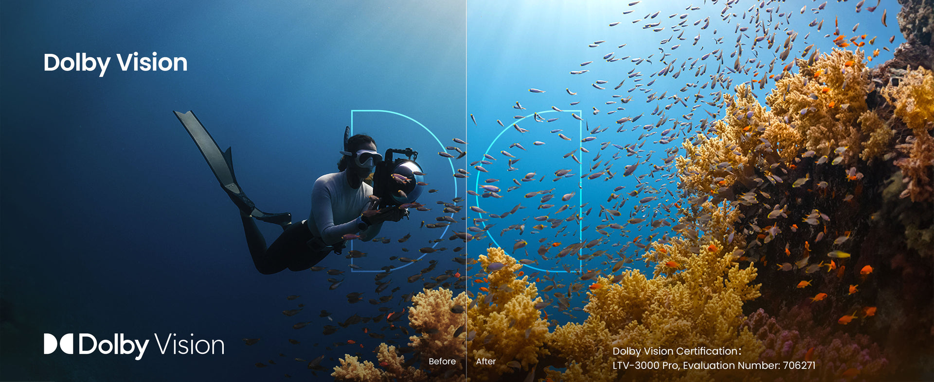 AWOL 4K Laser UST projector displaying a captivating underwater scene with Dolby Vision, HDR10+, and Dolby Atmos features.