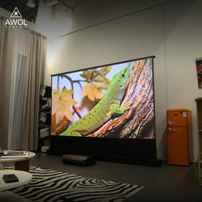 Vivid green lizard on a tree captured in stunning detail on AWOL Vision's high-definition projector screen.