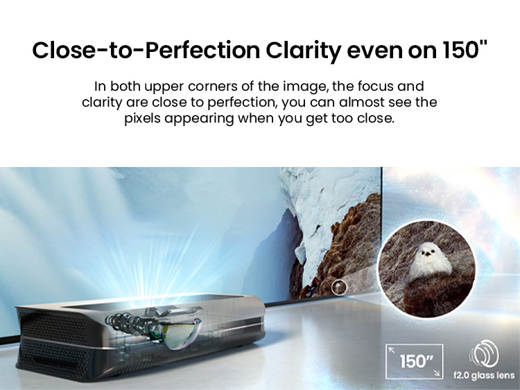 AWOL Vision LTV-3500 Pro projector displaying exceptional clarity on a 150-inch screen, illustrating its capability for ultra-high-definition visuals in a home setting.