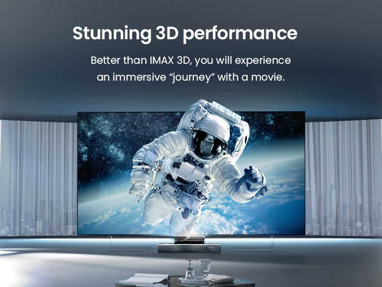 An immersive cinematic journey with the AWOL Vision 4K UST Projector, boasting better than IMAX 3D movie quality.