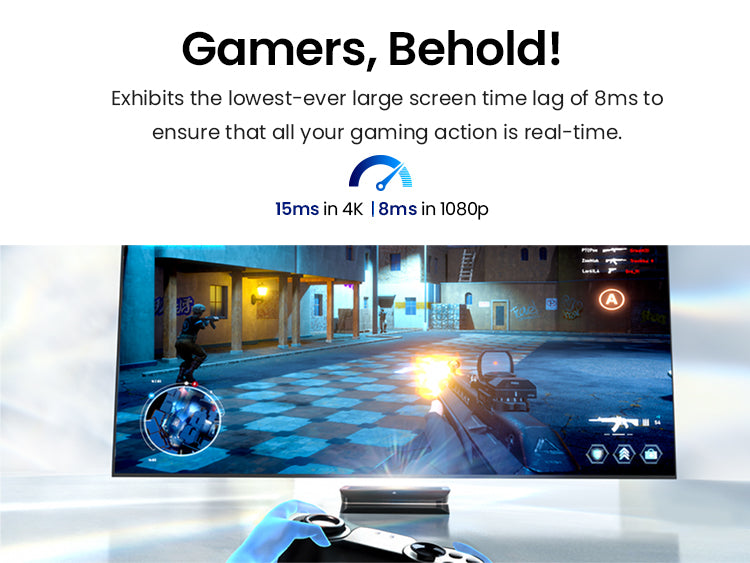 AWOL Vision LTV-3500 Pro projector displaying fast-paced gaming with ultra-low 8ms response time for 1080p and 15ms in 4K, perfect for competitive gaming.