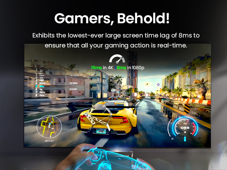 A racing game displayed on the AWOL Vision 4K Laser UST Projector with an impressive low input lag for gaming, ensuring real-time play.