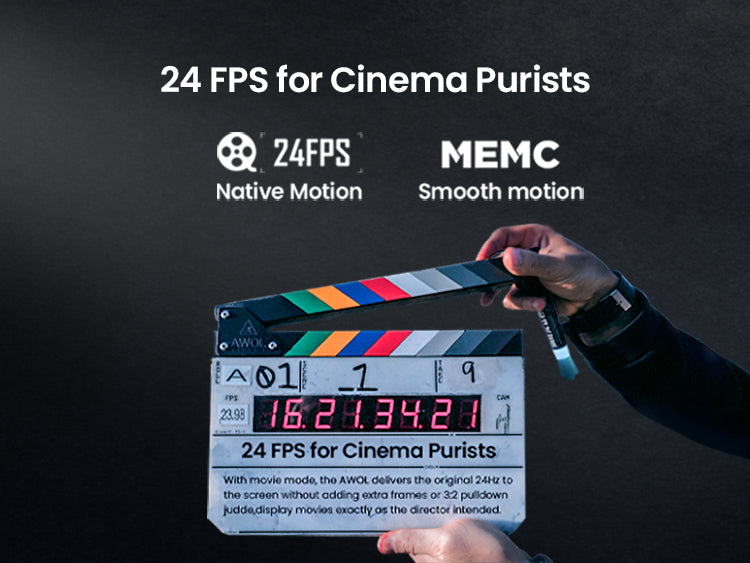 AWOL Vision 4K UST Projector supporting native 24 FPS for cinema purists, displaying movie clapboard to emphasize cinematic authenticity.