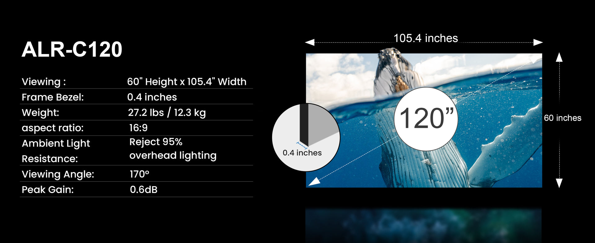 Cinematic ALR-C120 120-inch screen specifications including viewing dimensions, frame bezel, weight, aspect ratio, and ambient light resistance.