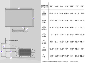 Showing projection size and distance specifications for AWOL Vision LTV-3500 Pro 4K Laser Projector, including dimensions for different screen sizes in inches.