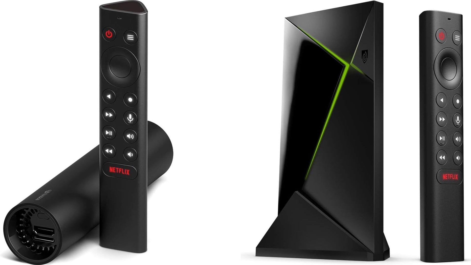 NVIDIA Shield TV vs. Pro side-by-side with remotes on a white background