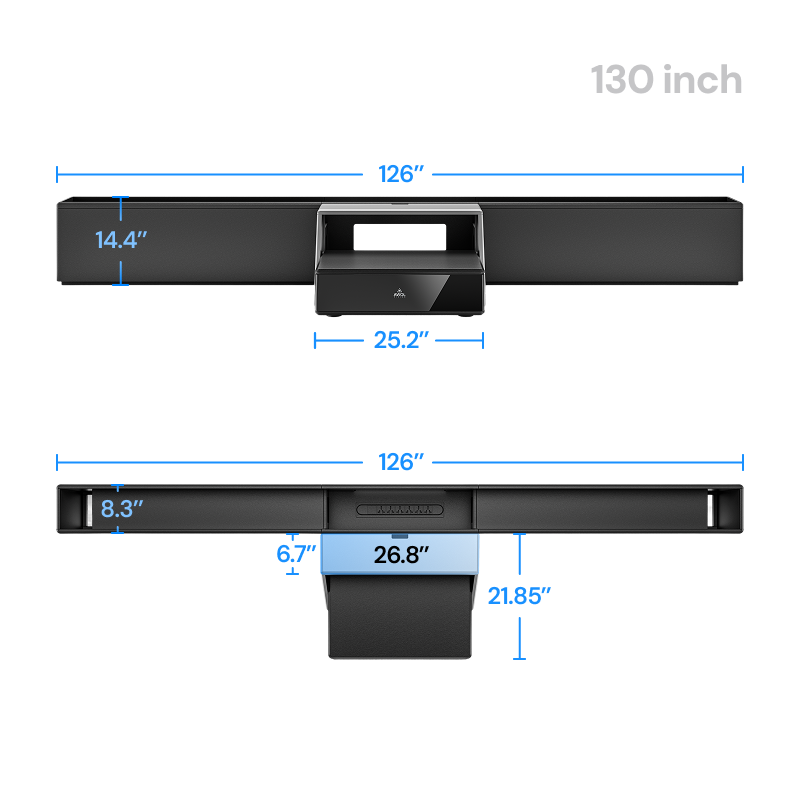 AWOL Vision Station 130 inch size diagram with detailed projector base dimensions.