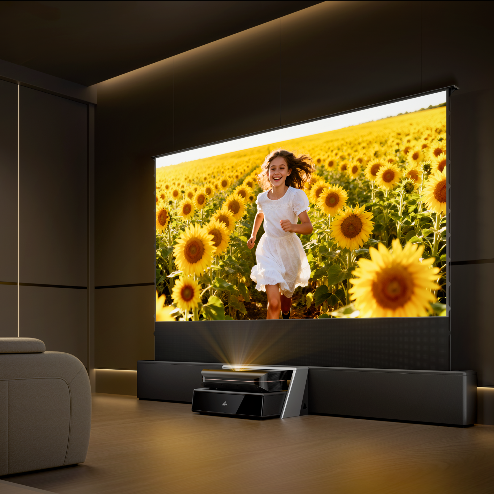 AWOL Vision Station projecting bright sunflower field scene for vivid HDR home viewing.