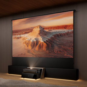 AWOL Vision Station with projector and ALR screen displaying cinematic desert landscape in home theater.