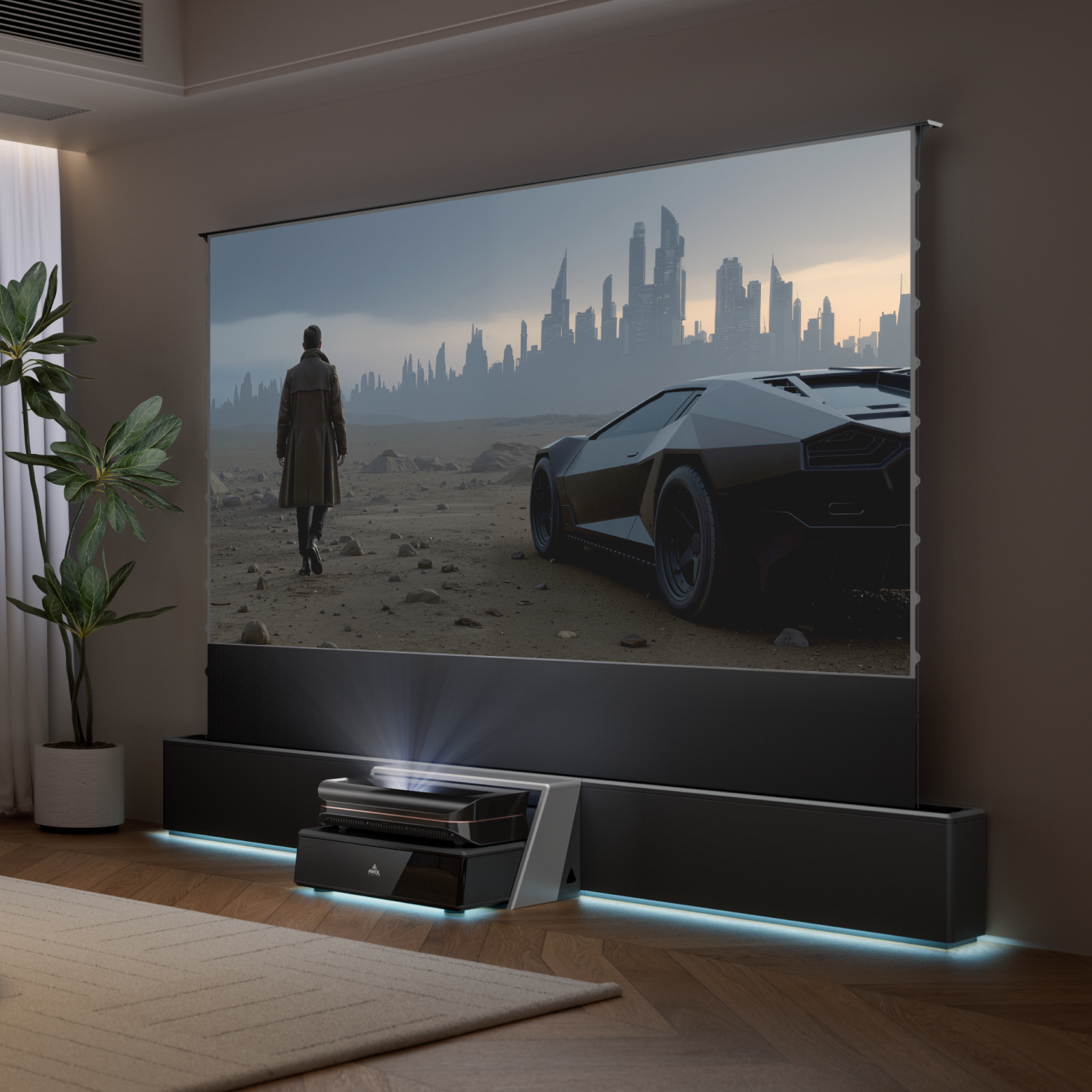 AWOL Vision Station projecting futuristic city scene with car in dark modern living room.
