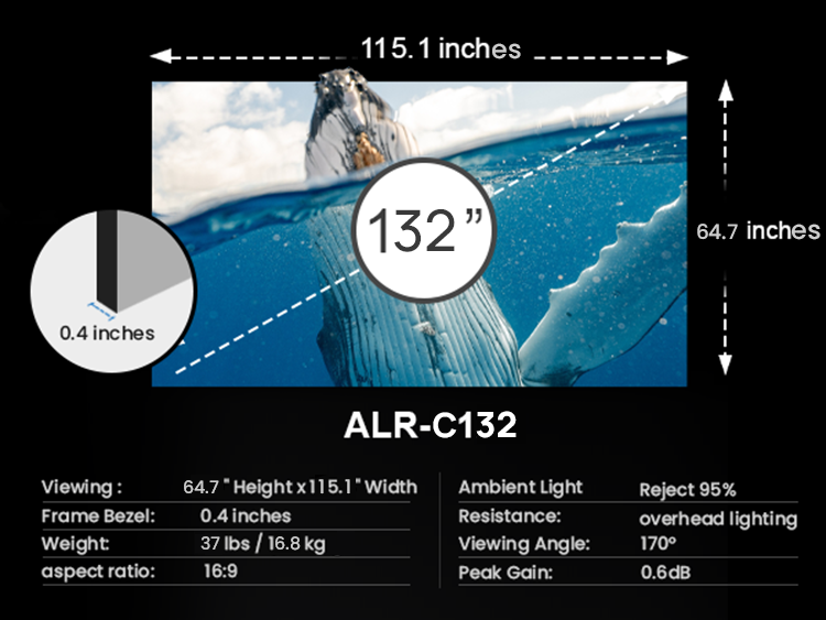 Detailed specifications of Cinematic ALR-C132 132-inch screen, highlighting dimensions, weight, frame bezel, and viewing angle.