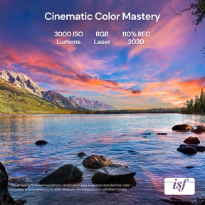 Cinematic landscape showing Valerion VisionMaster Pro2 4K HDR IMAX Enhanced long throw projector with 3000 ISO lumens and 110% Rec.2020 color.