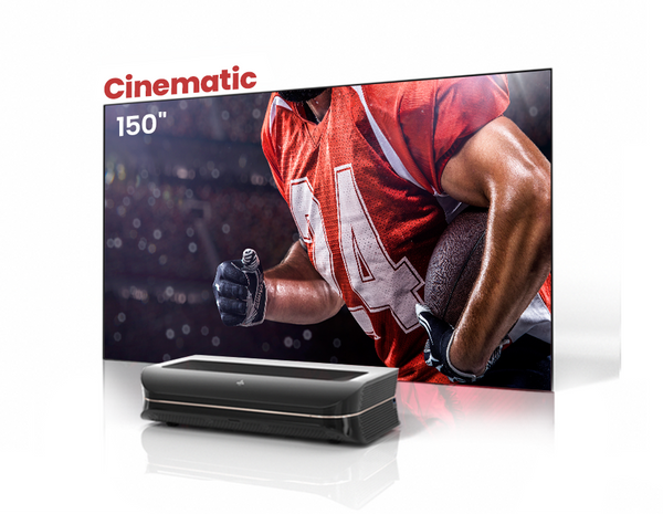 Ultra-short throw projector displaying a football game for the best sports viewing experience.