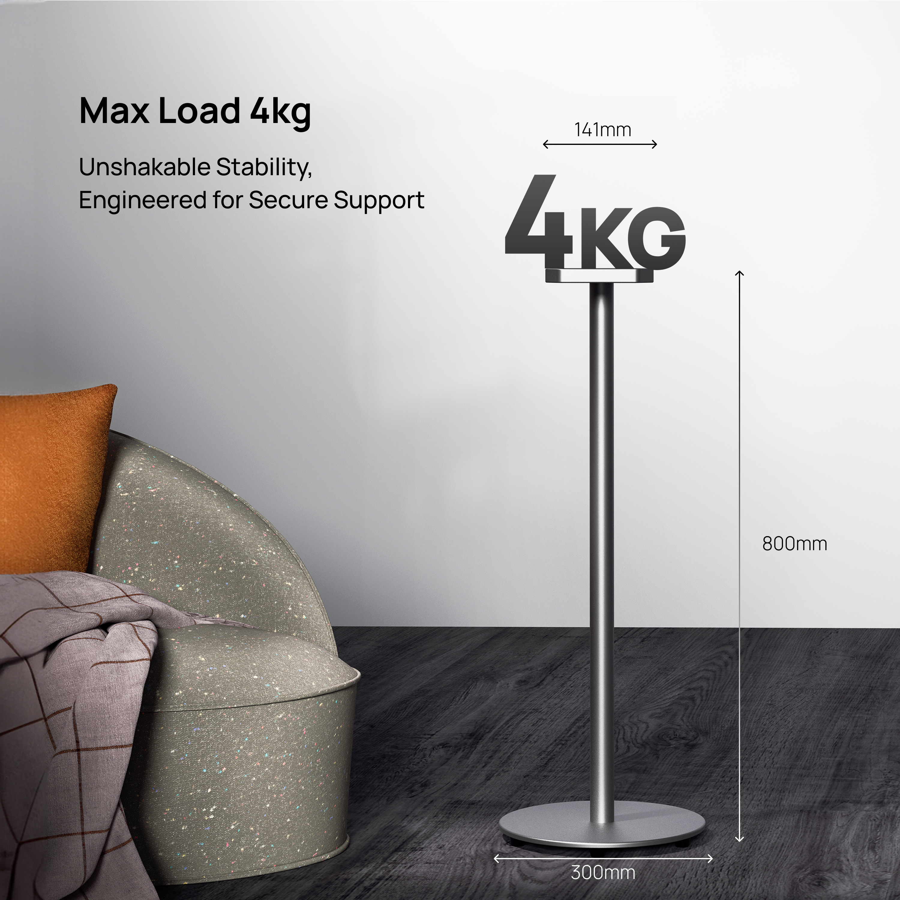 AWOL ThunderBeat floor speaker stand demonstrating 4kg max load capacity for stable speaker placement.