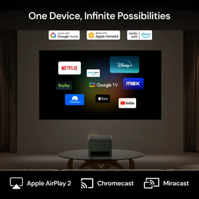 Valerion VisionMaster Pro2 4K HDR IMAX Enhanced long throw projector with built-in Google TV streaming apps and Apple AirPlay 2, Chromecast, Miracast support.