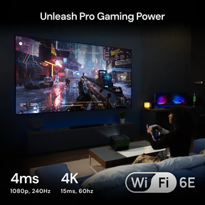 Gaming setup using Valerion VisionMaster Pro2 4K HDR IMAX Enhanced long throw projector with 4ms 1080p 240Hz response and WiFi 6E.