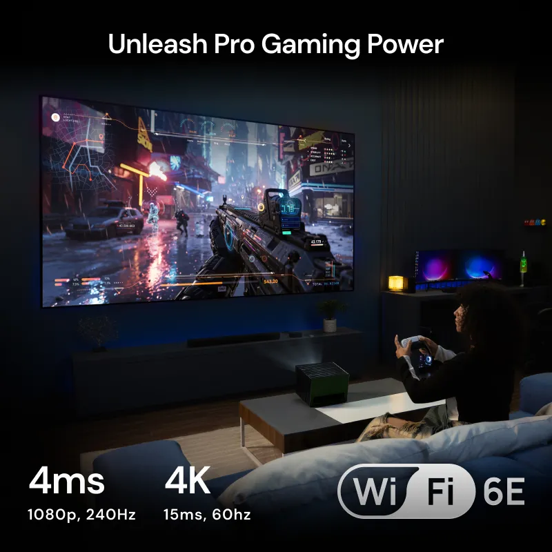 Gaming setup using Valerion VisionMaster Pro2 4K HDR IMAX Enhanced long throw projector with 4ms 1080p 240Hz response and WiFi 6E.