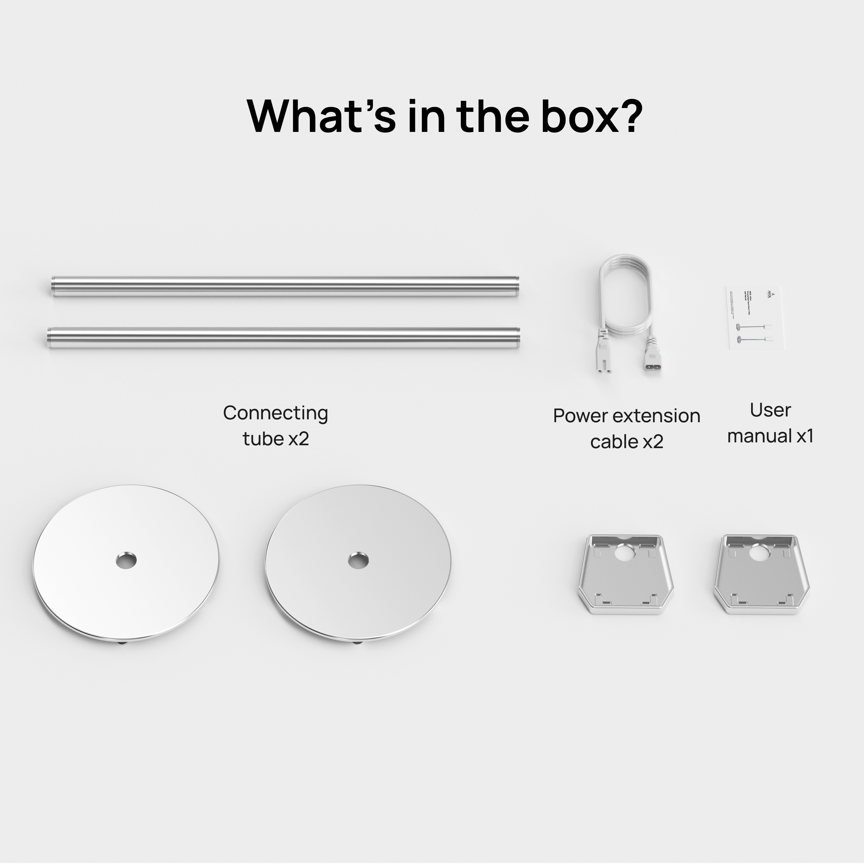 Box contents of AWOL ThunderBeat floor speaker stands including base plates, tubes, cables, and user manual.