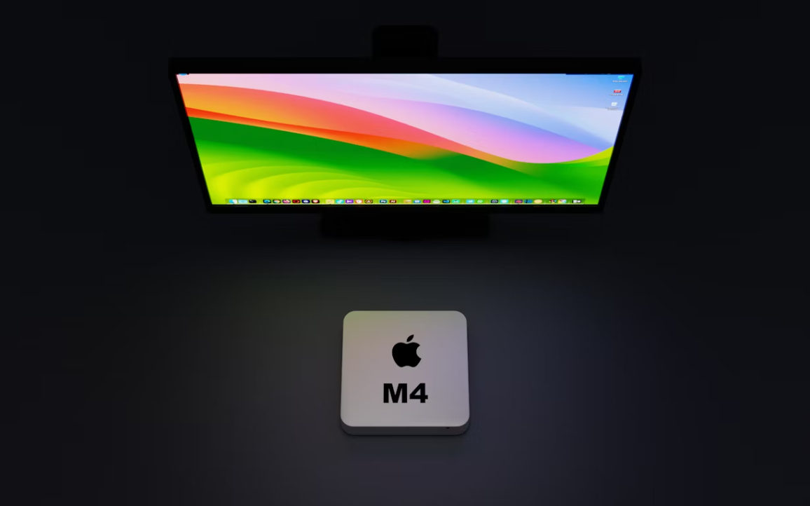 A stylized image showing a device labeled with the Apple M4 chip logo, sitting below a glowing external monitor, representing the M4's native display capabilities.