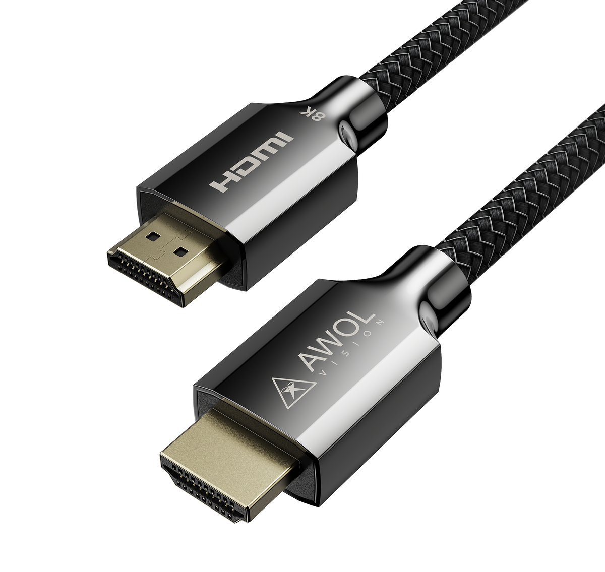 Premium AWOL Vision 8K HDMI cable for projector with durable braided build and HDMI 2.1 certification.