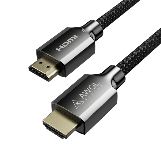 Premium AWOL Vision 8K HDMI cable for projector with durable braided build and HDMI 2.1 certification.