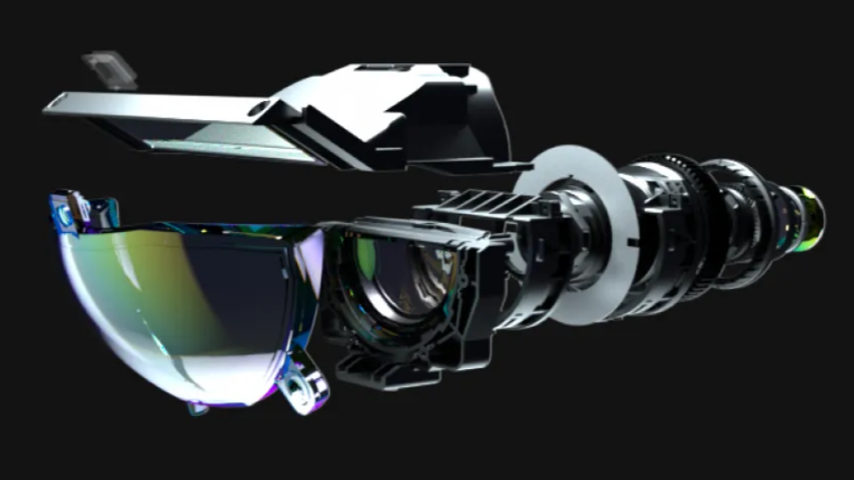 A detailed exploded view diagram showing the complex internal optical lens assembly and housing components of a modern projector.