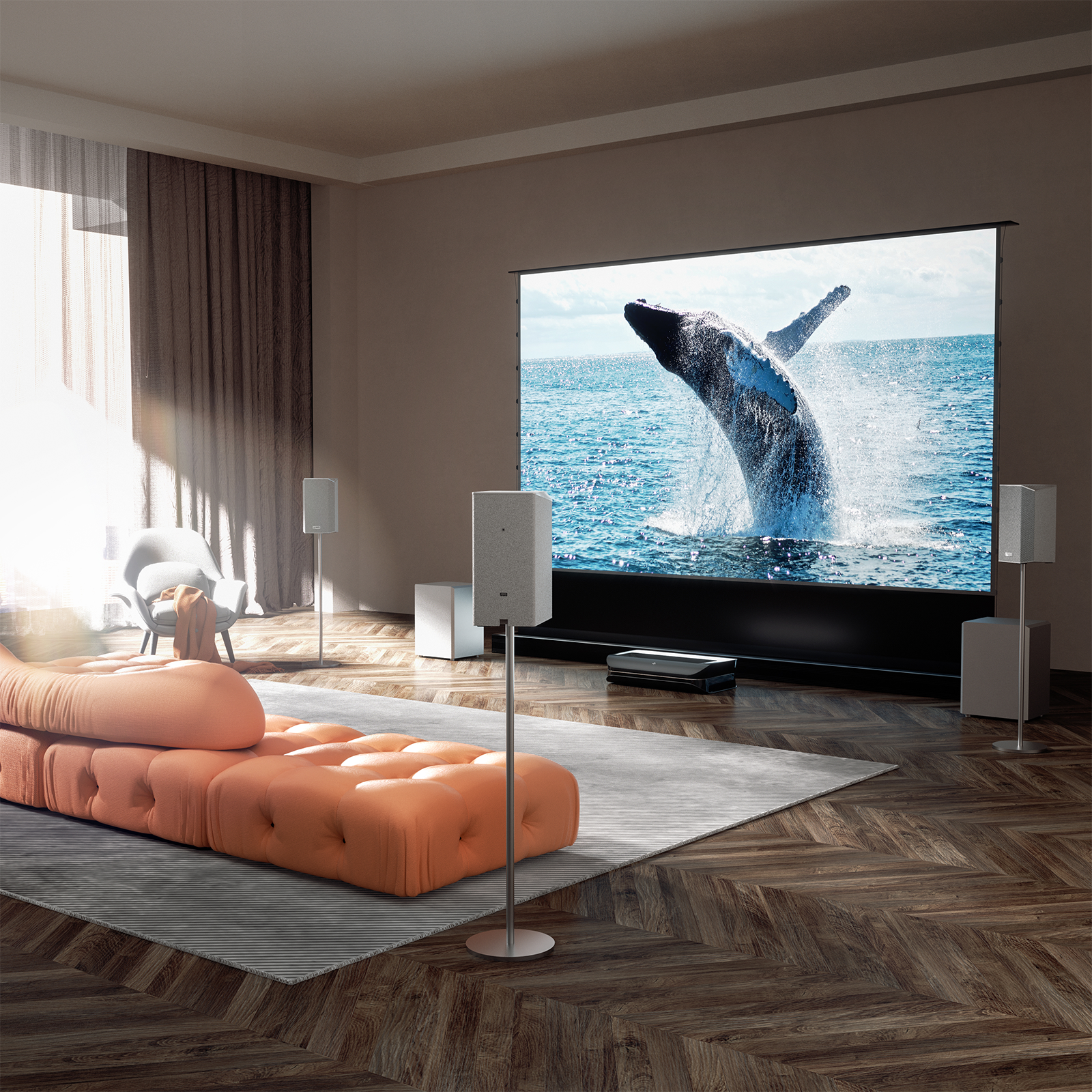 AWOL Vision Theater setup showcasing a large projector screen and top wireless surround sound speakers.