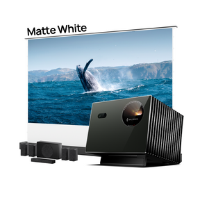 Valerion VisionMaster Pro2 4K HDR IMAX Enhanced long throw projector with matte white screen and home theater speaker bundle for immersive cinema sound.