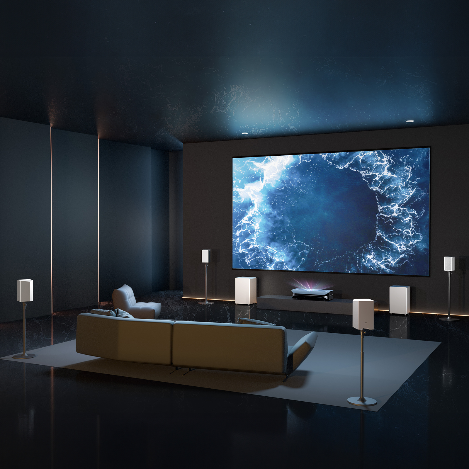 Luxurious home theater setup by AWOL Vision with wireless surround speakers, 4K projector and a vivid projector screen.