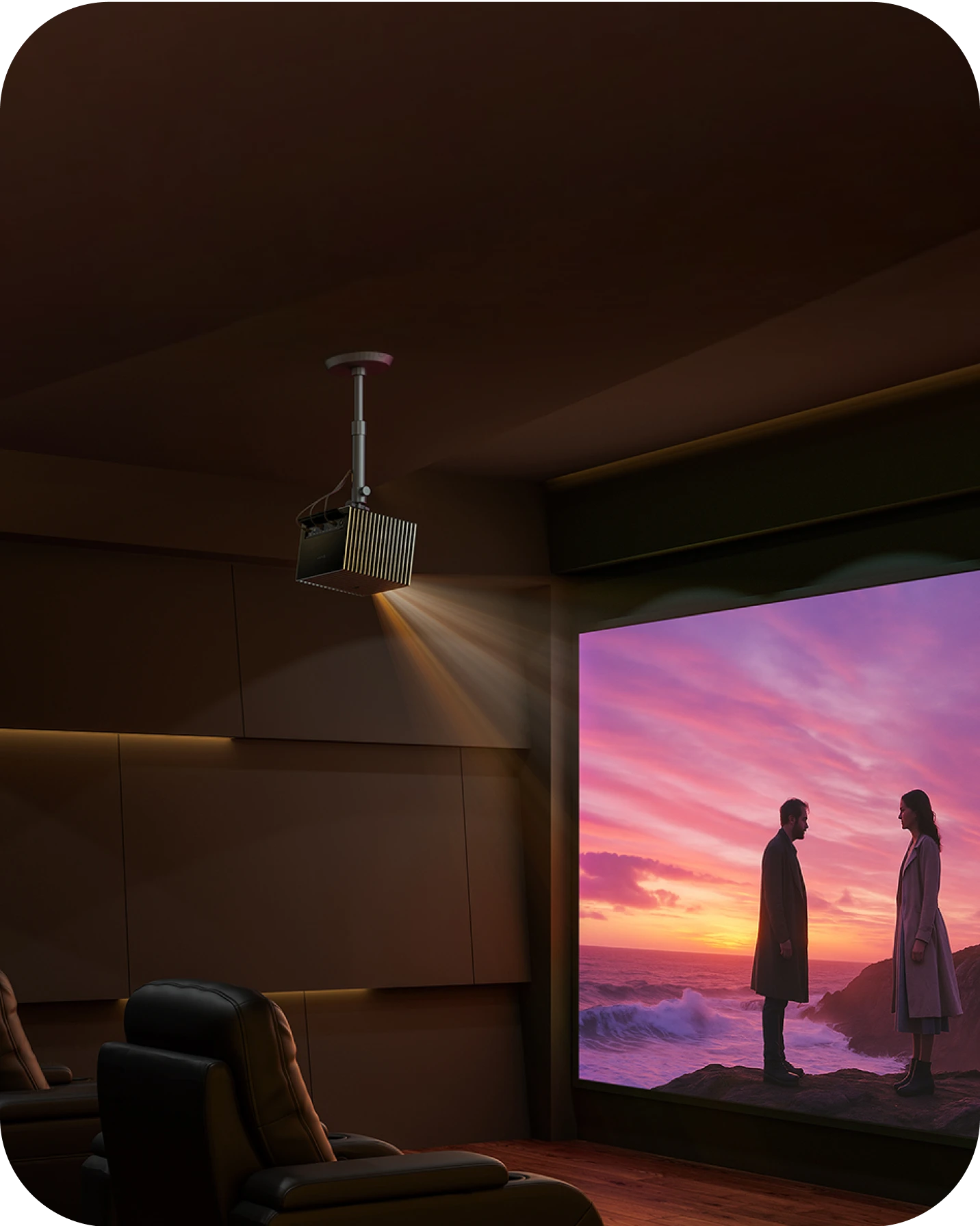 Valerion ceiling-mounted projector in home cinema showing a romantic sunset scene.