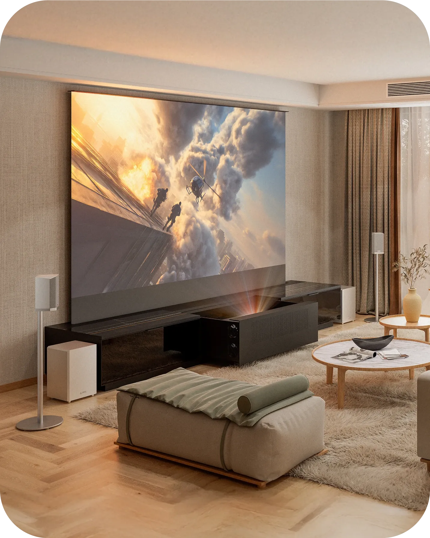 AWOL living room home cinema setup showing explosive action movie scene.