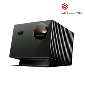 Valerion VisionMaster Pro2 4K HDR IMAX Enhanced long throw projector shown with Red Dot Design Award 2025 badge.