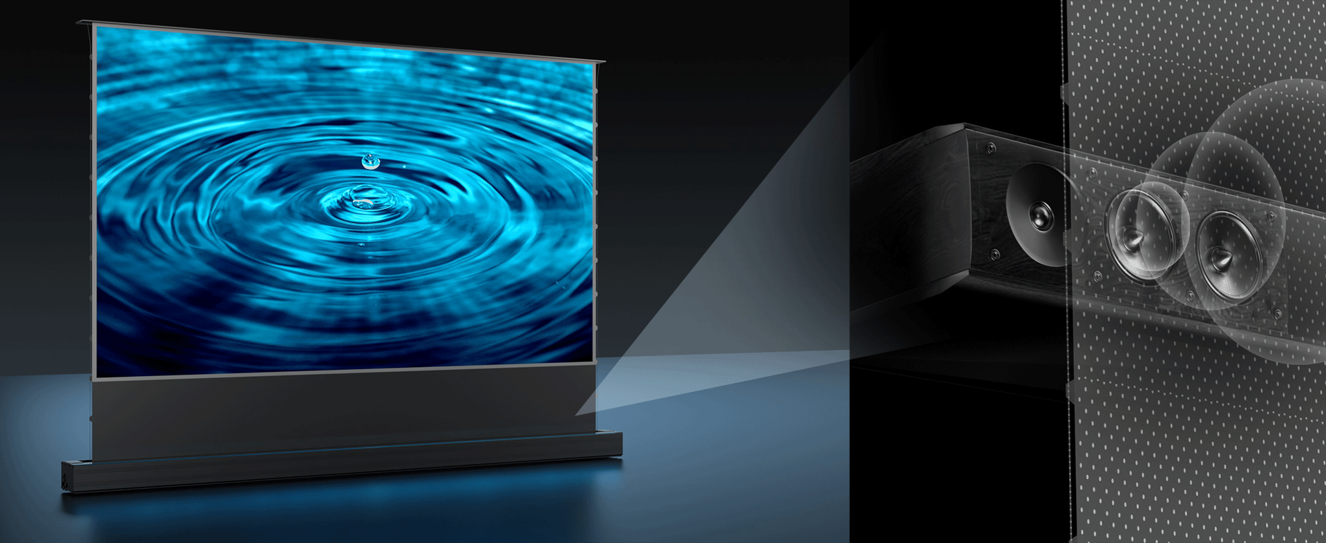 Cinematic+ ALR Screen with 3D stereo surround sound, featuring acoustic transparent technology for immersive sound.