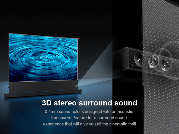 3D stereo surround sound feature of Cinematic+ ALR Screen, offering acoustic transparency for superior audio experience.