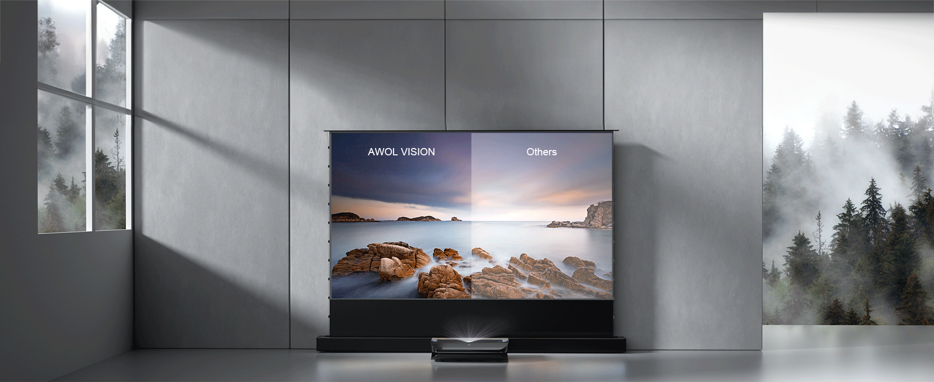 Cinematic+ ALR floor rising projector screen comparison showing 95% ceiling ambient light rejection.