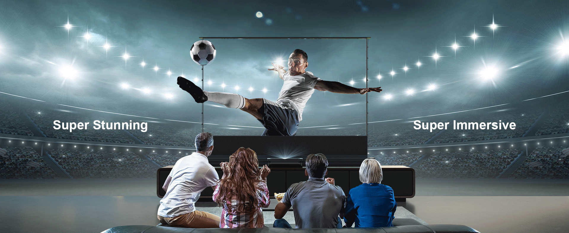 Family enjoying an immersive viewing experience with Cinematic+ ALR floor rising projector screen.