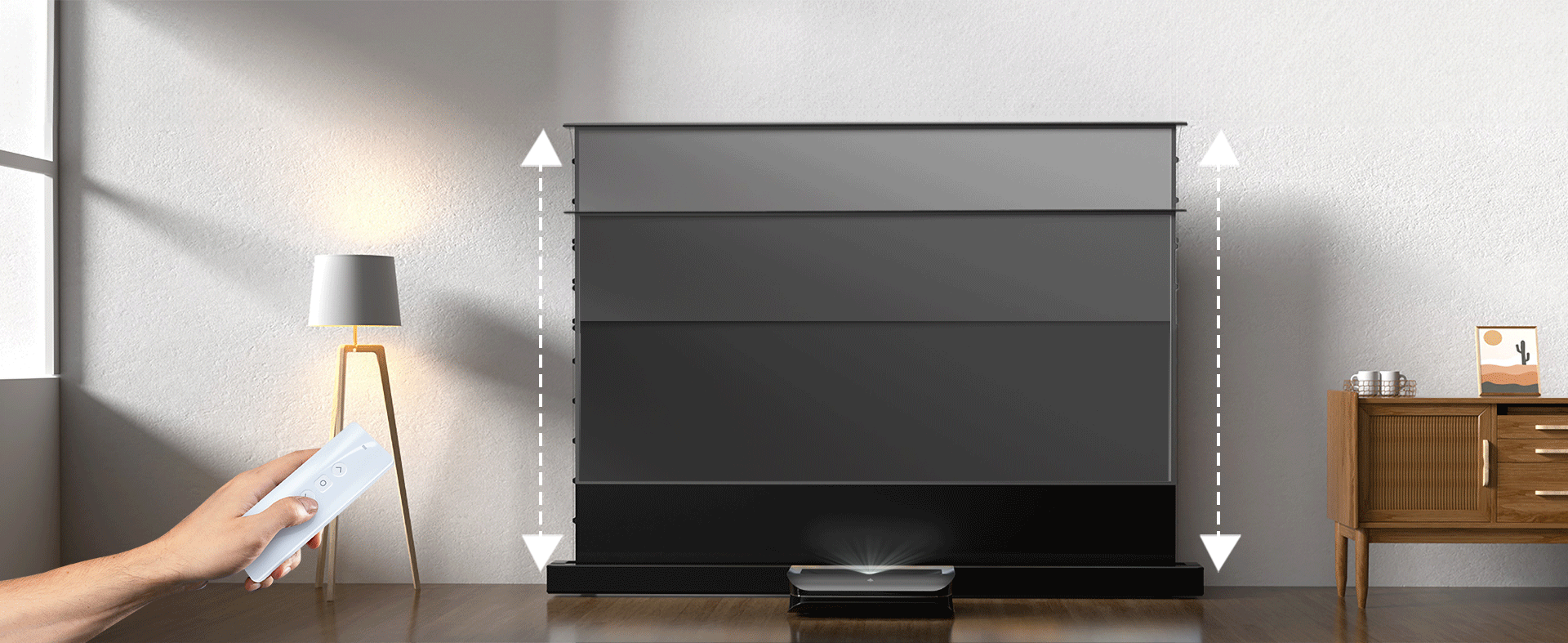 Elevate your entertainment with a remote-controlled Cinematic+ ALR floor rising projector screen.
