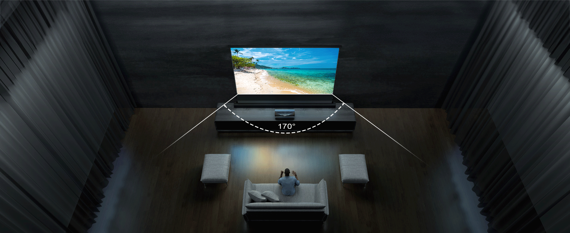 Floor rising projector screen with 170-degree wide viewing angle, displaying a tropical beach scene for immersive home theater experience.