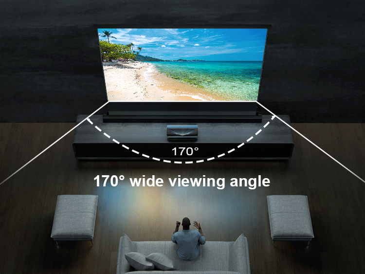 Cinematic+ ALR screen featuring a 170-degree wide viewing angle, showing a stunning beach view for an enhanced visual experience.